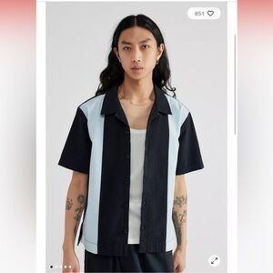 UO Paneled Seersucker Button Up Bowling Shirt in Black/Blue
